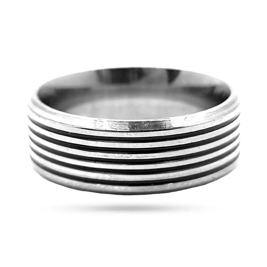 Anillo Acero Inox Plateado Líneas Esmalte Negro Moderno