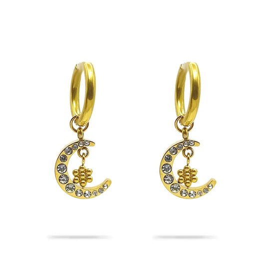 Aretes Acero Dorado Arracada Colgante Luna Flor Zirconia