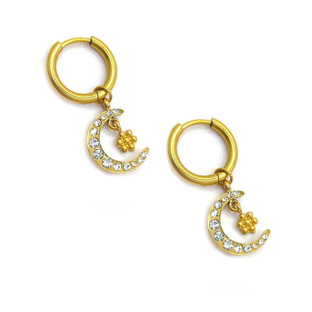 Aretes Acero Dorado Arracada Colgante Luna Flor Zirconia