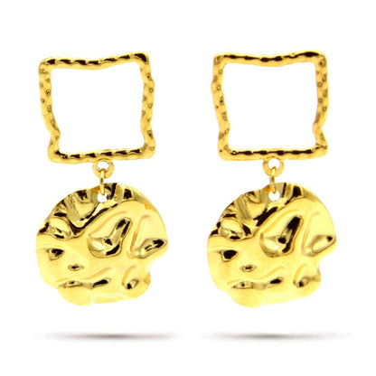 Aretes Acero Dorado Contorno Cuadrado Martillado Circulo