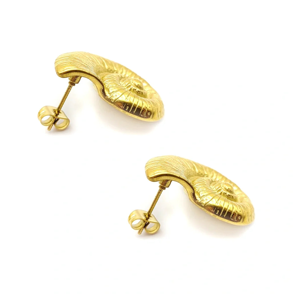 Aretes Acero Dorado Diseño Fosil Amonita Caracol Rayado