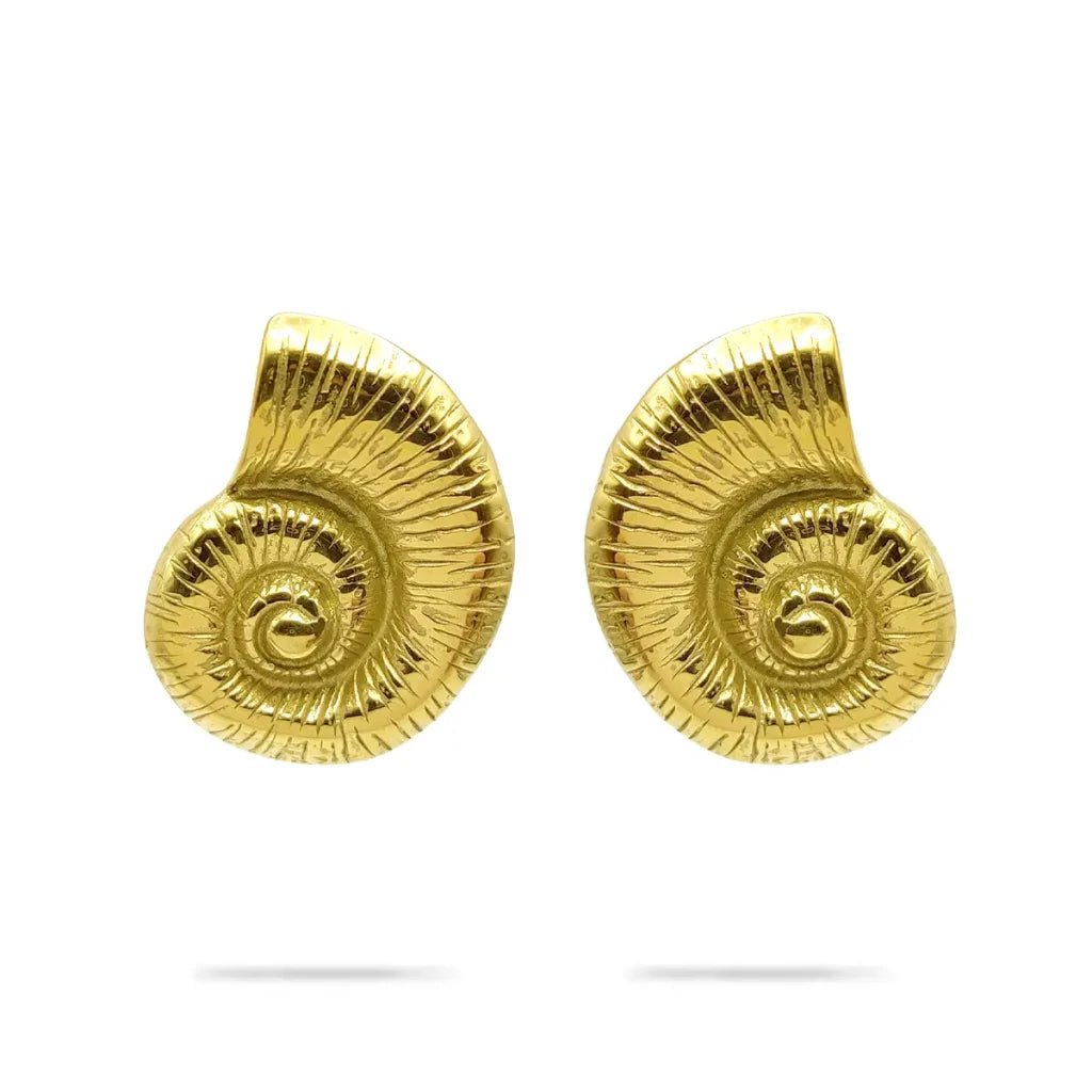 Aretes Acero Dorado Diseño Fosil Amonita Caracol Rayado