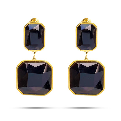 Aretes Acero Dorado Geométricos Cristal Negro Elegante