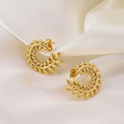 Aretes Acero Dorado Hojas Rama de Olivo en C Elegante