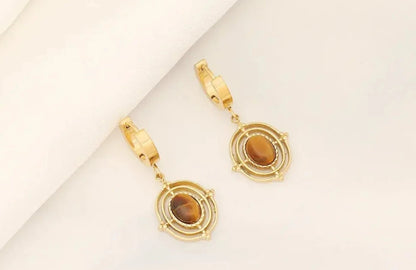 Aretes Acero Dorado Huggies Colgante Bohemio Ojo de Tigre