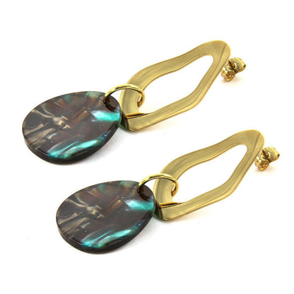 Aretes Acero Dorado Oval Colgante Acrilico Marmoleado