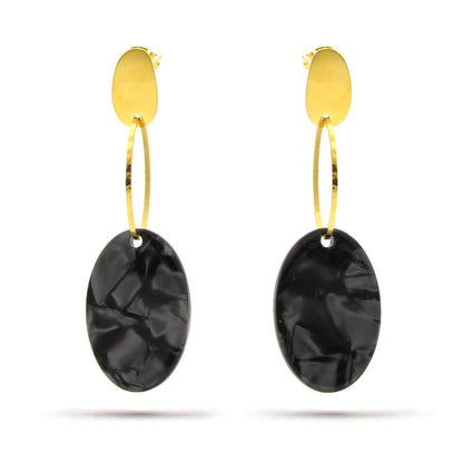 Aretes Acero Dorado Ovalado Colgante Marmoleado Negro