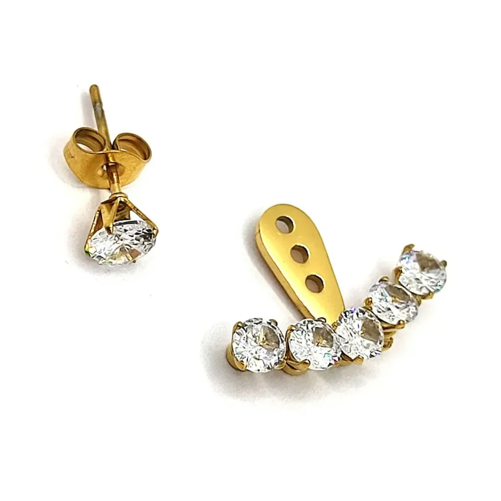 Aretes Acero Dorado Zirconia Altura Ajustable Elegante