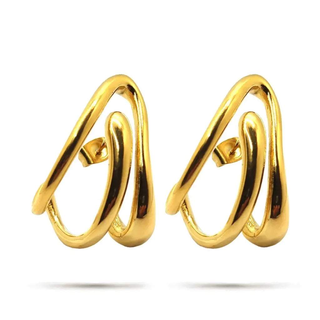 Aretes Acero Inox Dorado Chunky Irregular Liso Triple