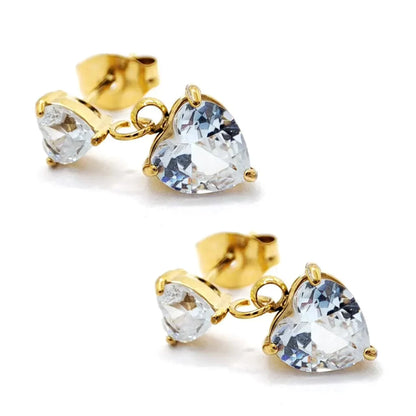 Aretes Acero Inox Dorado Doble Corazon Colgante Zirconia