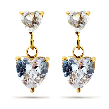 Aretes Acero Inox Dorado Doble Corazon Colgante Zirconia