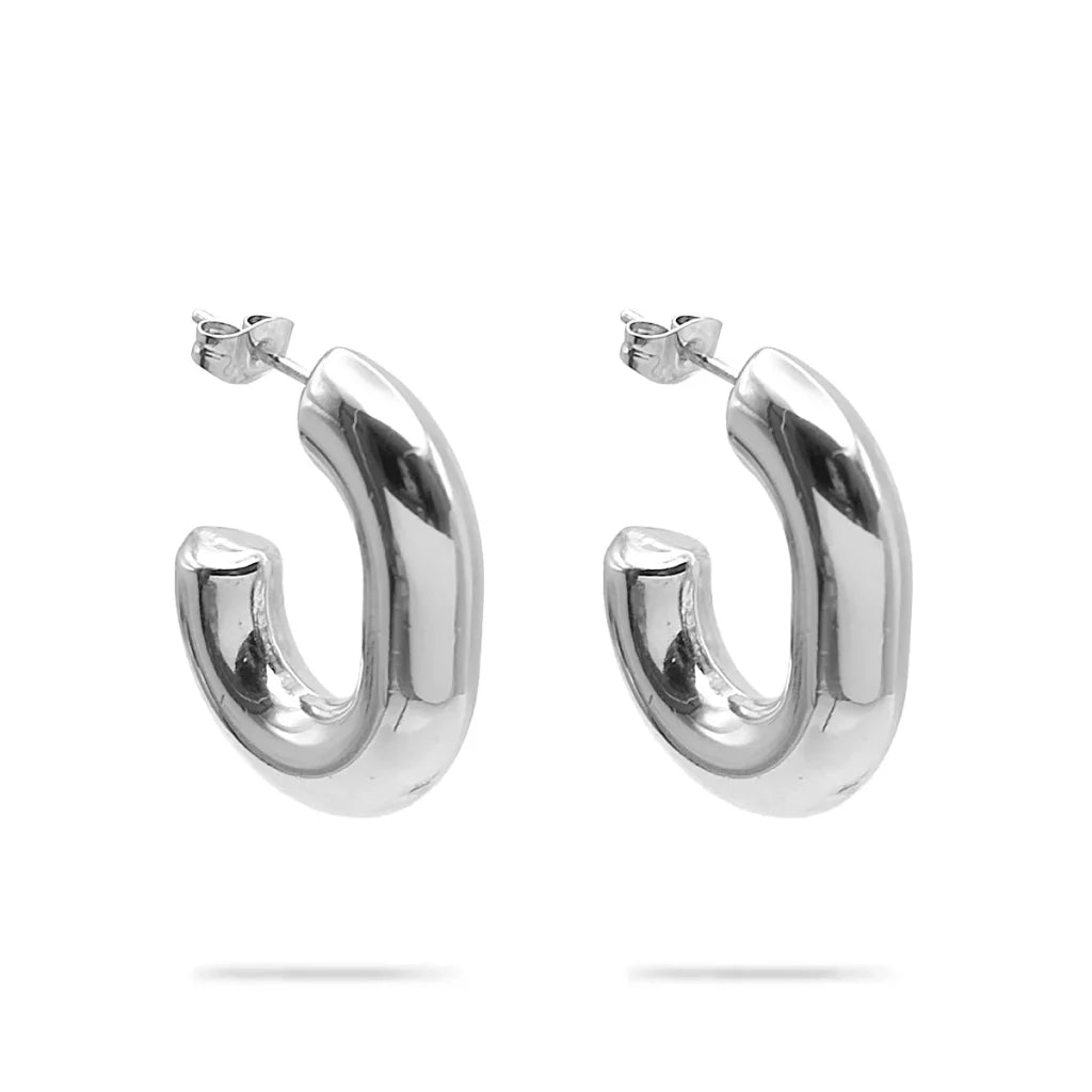 Aretes Acero Inox Dorado Media Arracada En C Oval Chunky