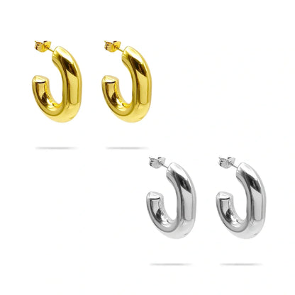 Aretes Acero Inox Dorado Media Arracada En C Oval Chunky