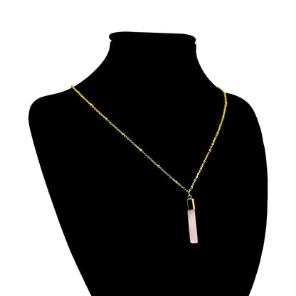 Collar Acero Dorado Cilindro Cuarzo Rosado Balines