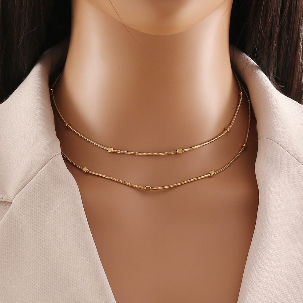 Collar Acero Dorado Doble Cola de Raton Balines Cuadrados