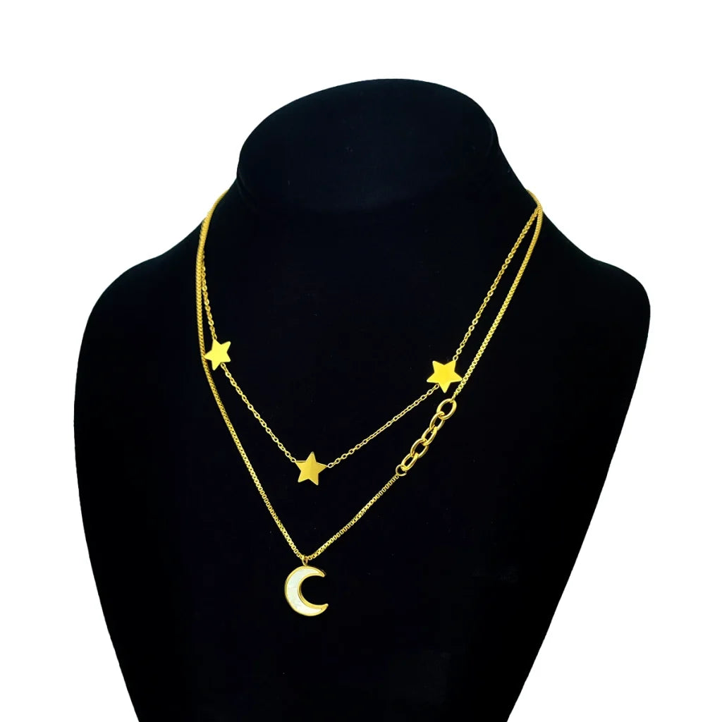 Collar Acero Dorado Doble Estrellas Luna de Madre Perla