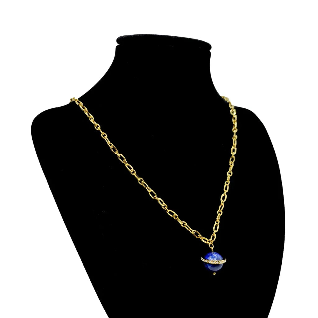 Collar Acero Dorado Saturno Lapislazuli Aro Cristales