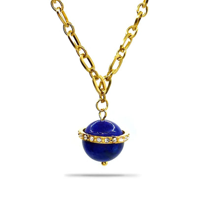 Collar Acero Dorado Saturno Lapislazuli Aro Cristales