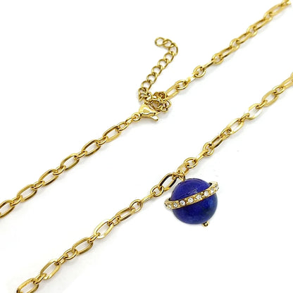 Collar Acero Dorado Saturno Lapislazuli Aro Cristales