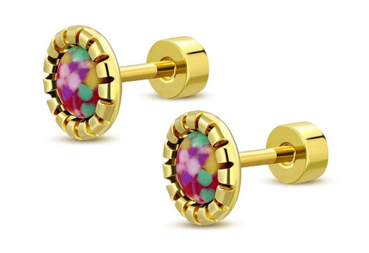 Aretes Acero Dorado Manchas Arcoiris Broche Plano