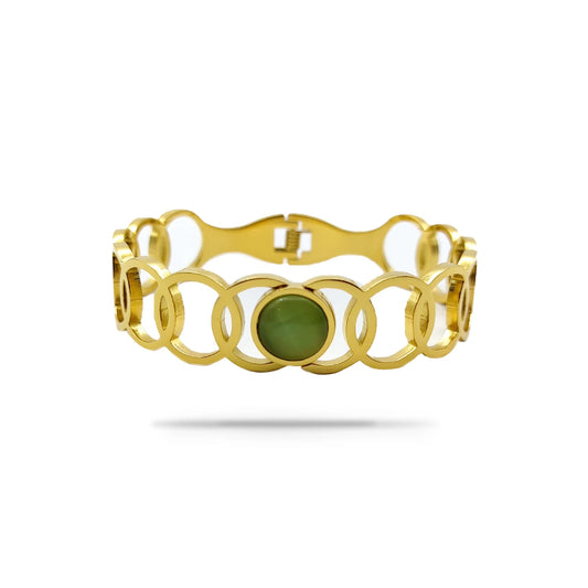 Pulsera Acero Dorado Circulos Unidos Ojo de Gato Verde