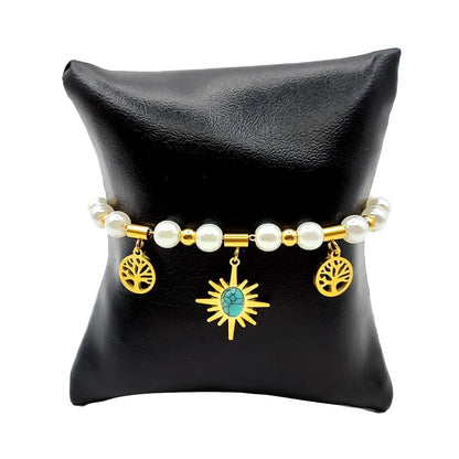 Pulsera Acero Dorado Perlas Sol Turquesa Arbol de la Vida