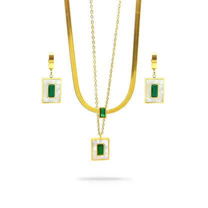 Set Joyería Acero Dorado Doble Cristal Verde Madre Perla