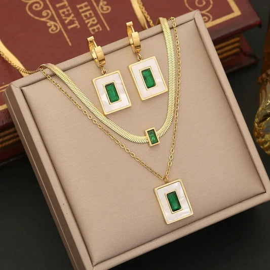 Set Joyería Acero Dorado Doble Cristal Verde Madre Perla